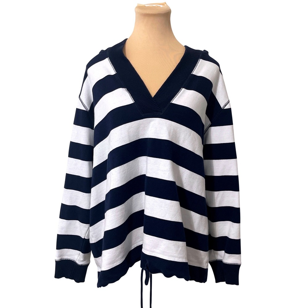 AK Sport Striped V-Neck Hoodie Sweatshirt 2X Navy White Nautical Coastal Preppy